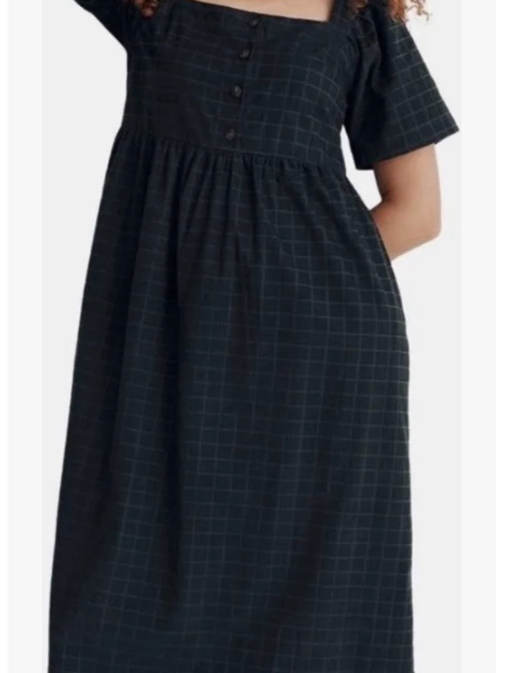 Madewell Corduroy Dark Green Checked Square-Neck Midi Dress